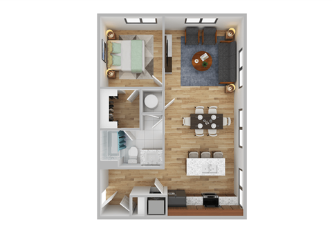 Now leasing senior 1-bedrooms in Baltimore, MD. A top-down view of a small apartment with a kitchen, living room, and bathroom.